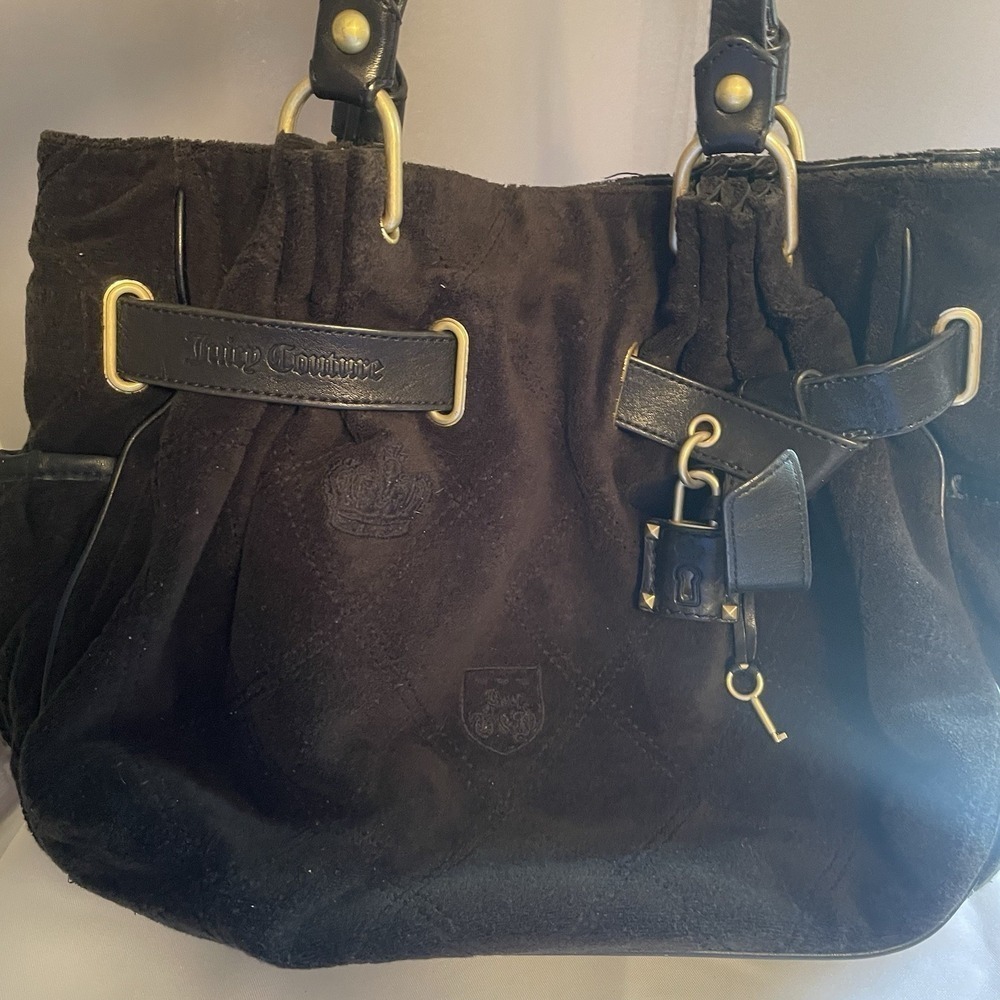 Juicy Couture Vintage Black Terrycloth Purse Shoulder Bag Choose Juicy Lock Y2K